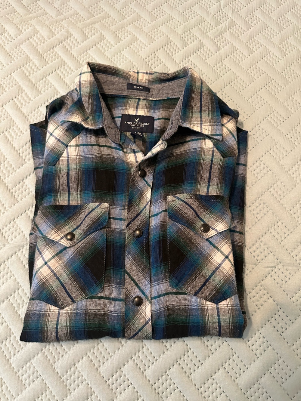 American Eagle Outfitters Teal/Blue/Gray Plaid Slim Fit Shirt